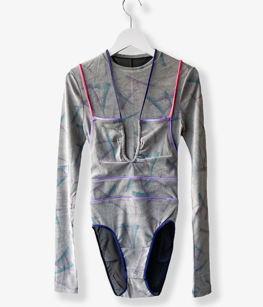 FUMIKA_UCHIDA/FLOCKY PRINTED TULLE DOUBLE-FRONT BODYSUIT(GREY)