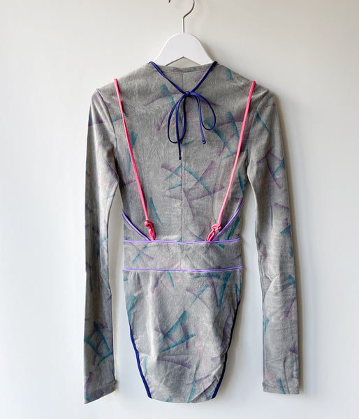 FUMIKA_UCHIDA/FLOCKY PRINTED TULLE DOUBLE-FRONT BODYSUIT(GREY)