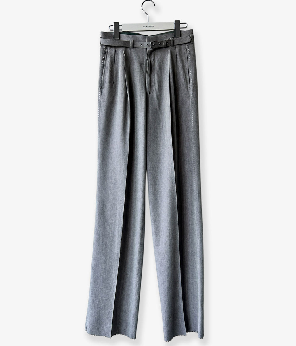 FUMIKA_UCHIDA/CHAMBRAY TWO-TUCK SLACKS(SAGE GREY)