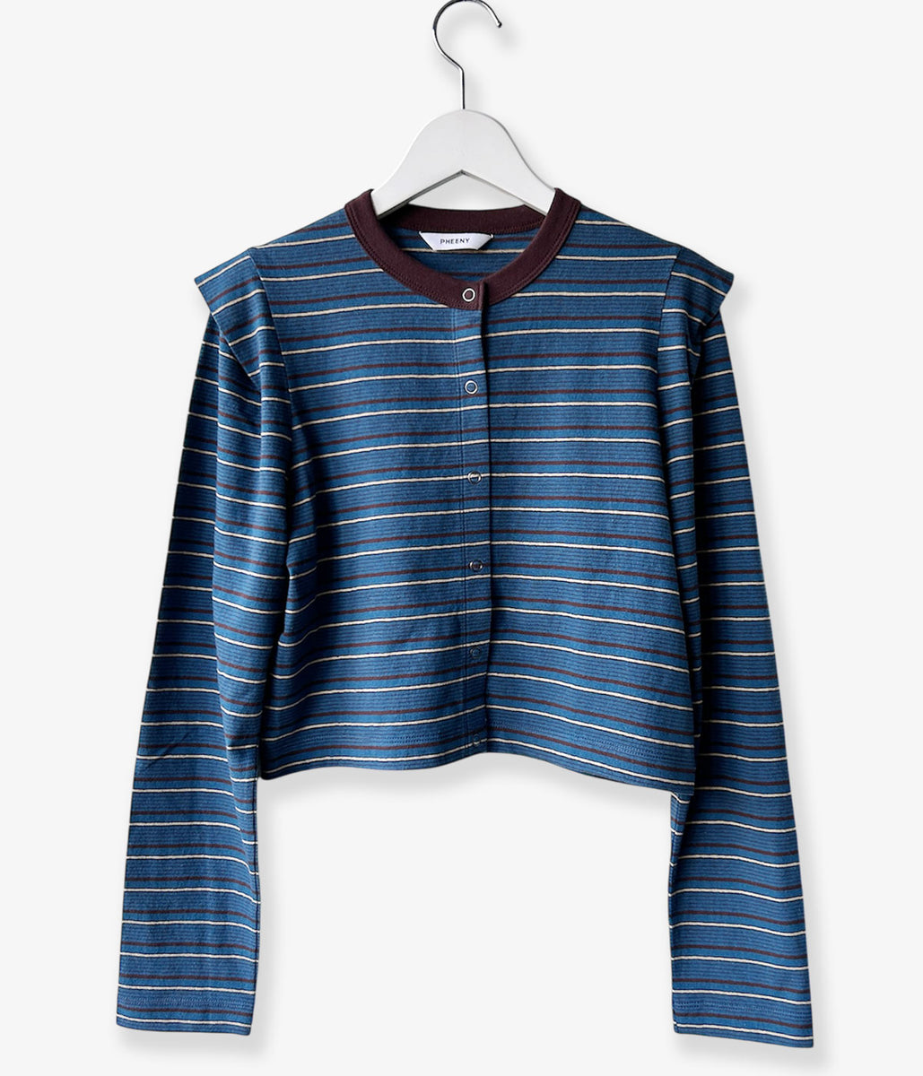 PHEENY/MULTI-BORDER TUCKED SHOULDER CARDIGAN(BLUE)
