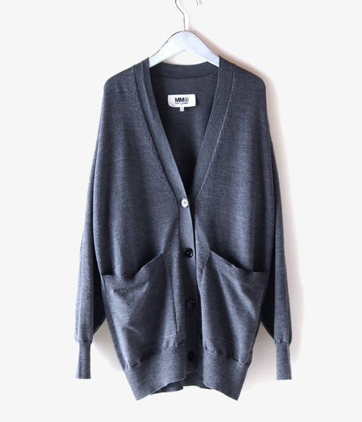 MM6 MAISON MARGIELA/WOOL+LAMINATED PATCHES KNIT CARDIGAN (GREY MELANGE)