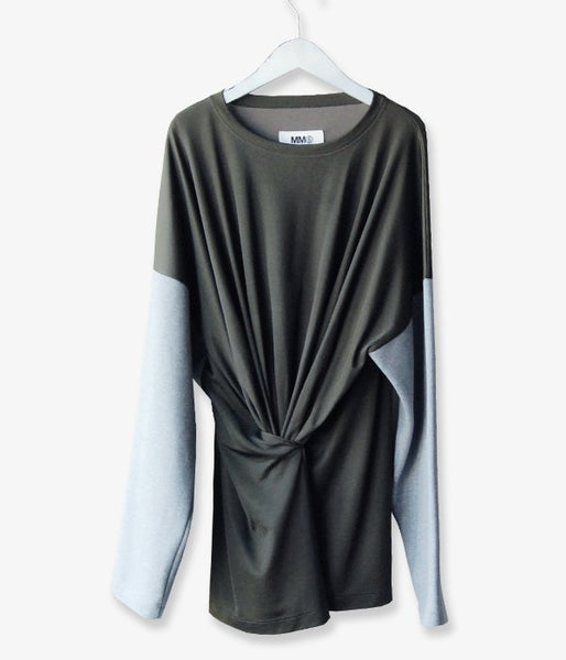 MM6 MAISON MARGIELA/DUAL-FABRIC FITTED BOAT-NECK SWEATSHIRT(KHAKI)