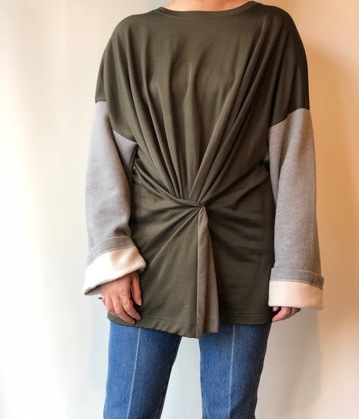 MM6 MAISON MARGIELA/DUAL-FABRIC FITTED BOAT-NECK SWEATSHIRT(KHAKI)