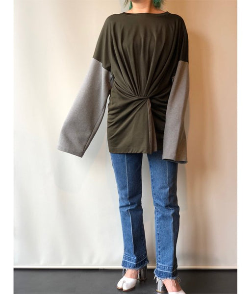 MM6 MAISON MARGIELA/DUAL-FABRIC FITTED BOAT-NECK SWEATSHIRT(KHAKI)