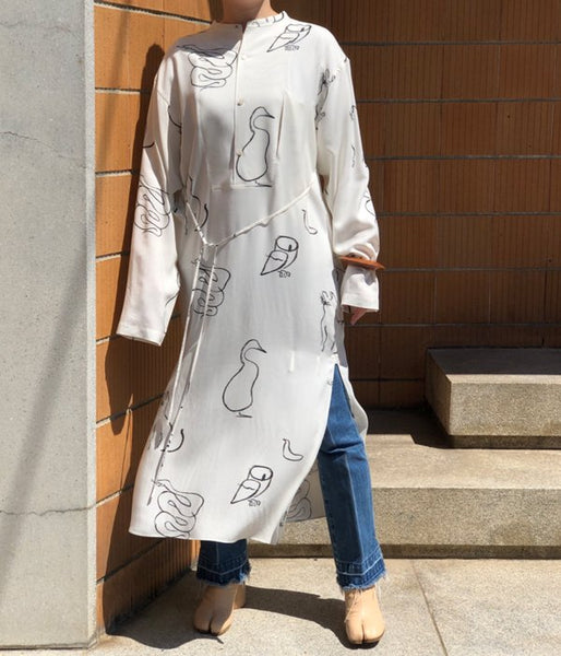 WRYHT/BACK-PLACKET BAND COLLER LONG SHIRTS(WHITE"DRAWING")