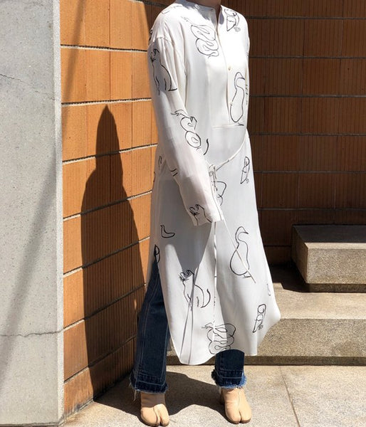 WRYHT/BACK-PLACKET BAND COLLER LONG SHIRTS(WHITE"DRAWING")