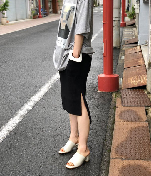 PHEENY/BIG WAFFLE SLIT TIGHT SKIRT (BLACK)