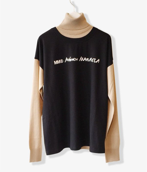MM6 MAISON MARGIELA/COTTON WOOL T-SHIRT+KNIT(CAMEL×BLACK)