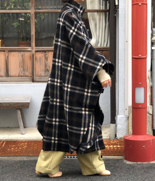 WRYHT/STAND COLLAR MANTLE(BLACK PLAID)
