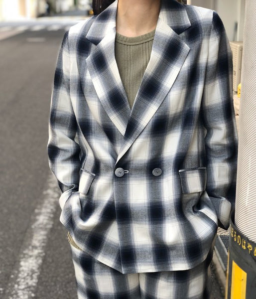 PHEENY/RAYON OMBRE CHECK DOUBLE-BREASTED JACKET(BLUE)
