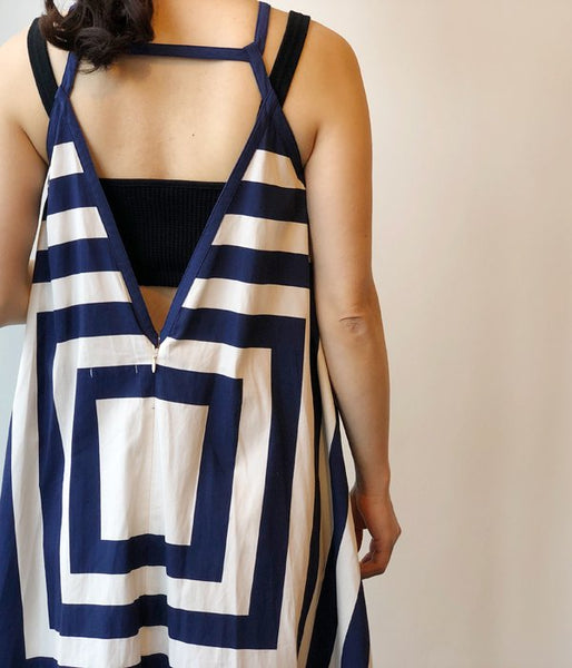 FUMIKA_UCHIDA/SQUARE PRINT SQUARE-NECK A-LINE DRESS(NAVY)
