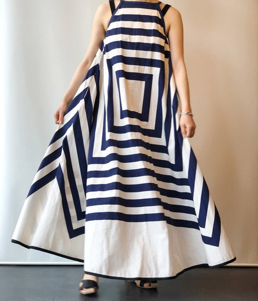 FUMIKA_UCHIDA/SQUARE PRINT SQUARE-NECK A-LINE DRESS(NAVY)