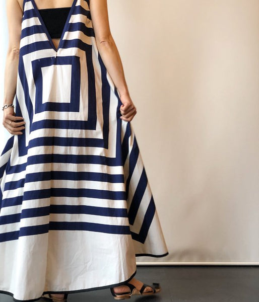 FUMIKA_UCHIDA/SQUARE PRINT SQUARE-NECK A-LINE DRESS(NAVY)