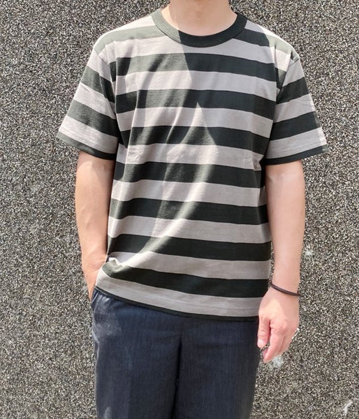 MHL./COTTON HEMP WIDE STRIPE T-SHIRT (GREEN)