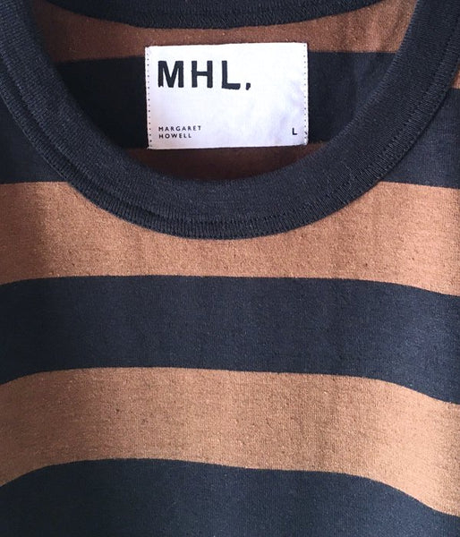 MHL./COTTON HEMP WIDE STRIPE T-SHIRT (BROWN)