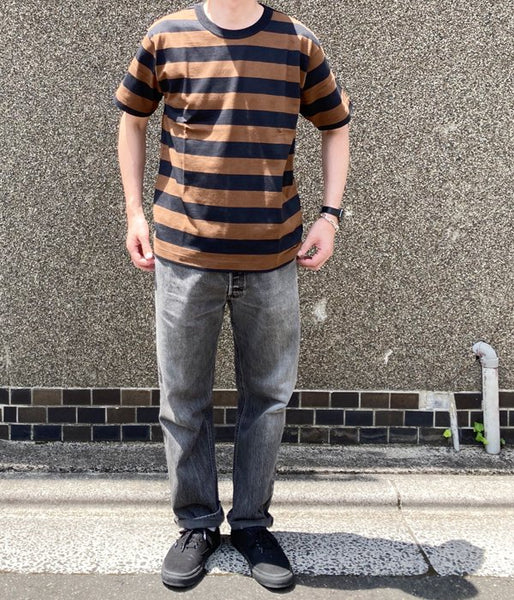 MHL./COTTON HEMP WIDE STRIPE T-SHIRT (BROWN)