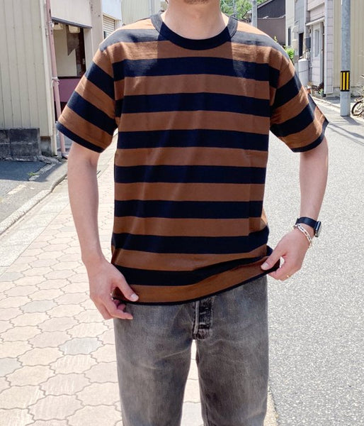 MHL./COTTON HEMP WIDE STRIPE T-SHIRT (BROWN)