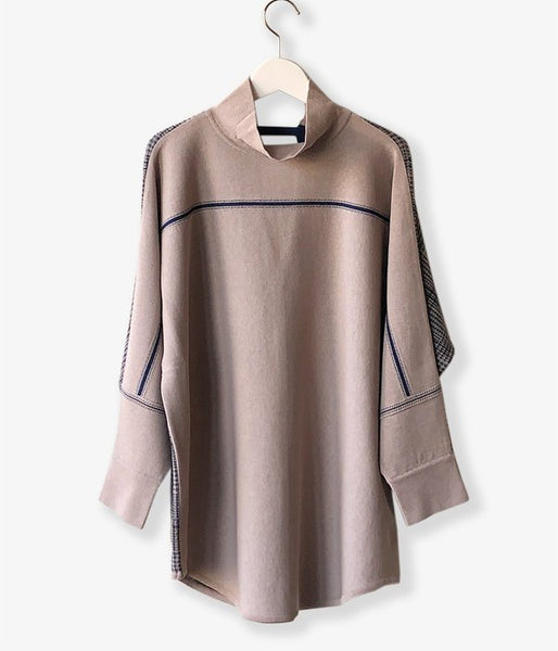 TAN/CHECKED & LINE BLOUSE(BLUE)