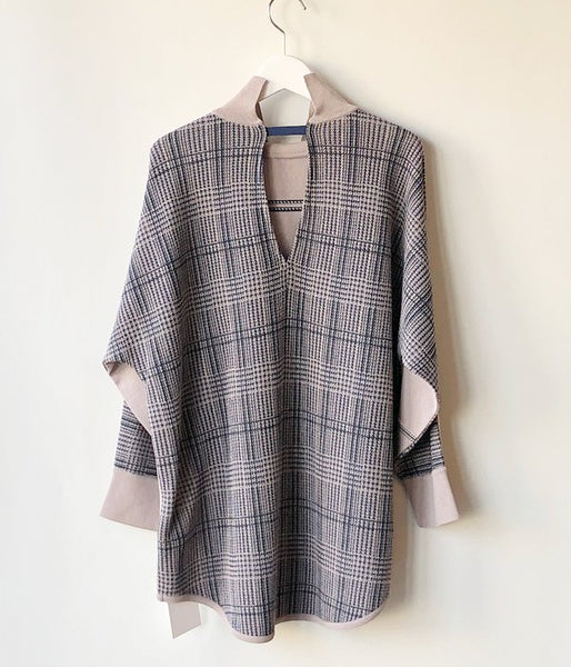 TAN/CHECKED & LINE BLOUSE(BLUE)