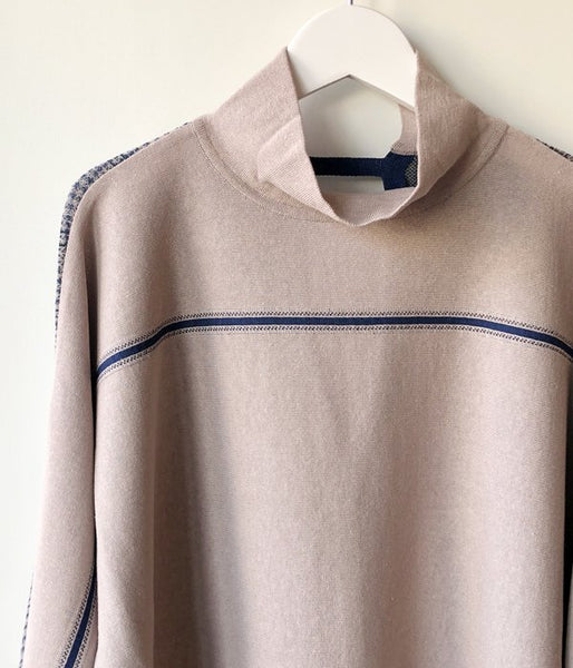 TAN/CHECKED & LINE BLOUSE(BLUE)