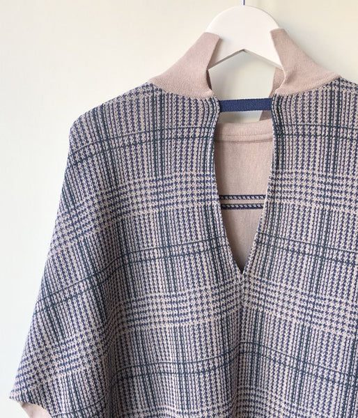 TAN/CHECKED & LINE BLOUSE(BLUE)