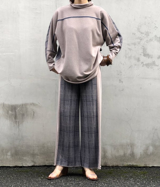 TAN/CHECKED & LINE BLOUSE(BLUE)