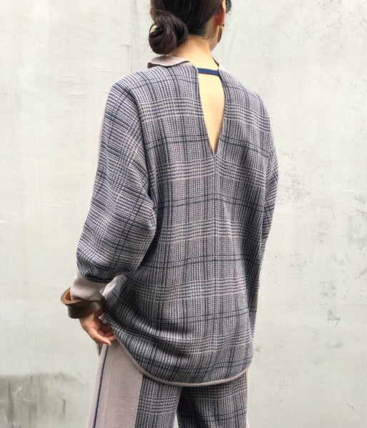 TAN/CHECKED & LINE BLOUSE(BLUE)