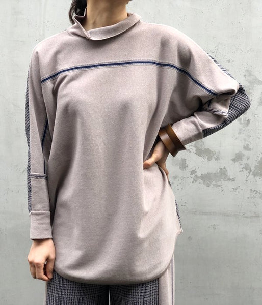 TAN/CHECKED & LINE BLOUSE(BLUE)