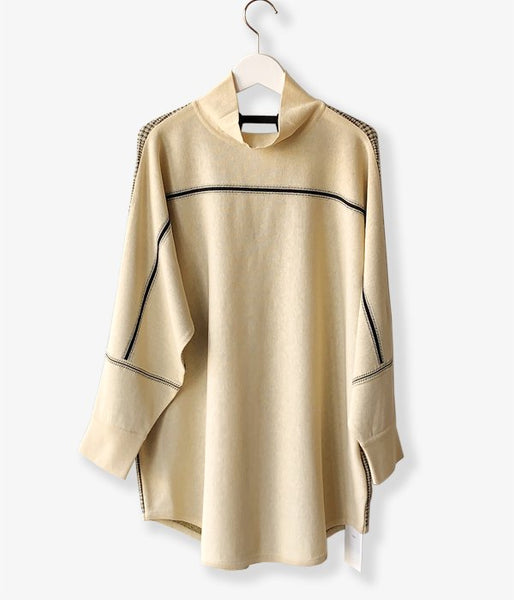 TAN/CHECKED & LINE BLOUSE(CREAM)