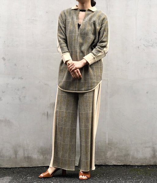 TAN/CHECKED & LINE BLOUSE(CREAM)