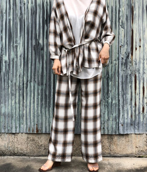 PHEENY/RAYON OMBRE CHECK 2TUCK SLACKS(BROWN)(1)