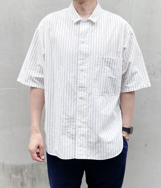 MHL./WASHED STRIPE COTTON SS SHIRT (WHITE)