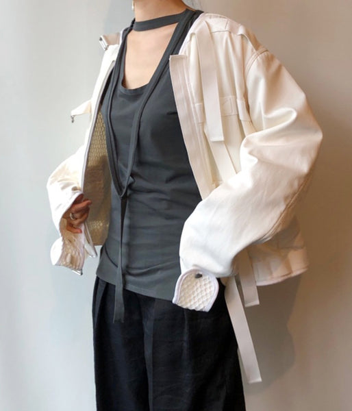 FUMIKA_UCHIDA/DOUBLE NECK NO-SLEEVE TANKTOP(CHARCOAL)