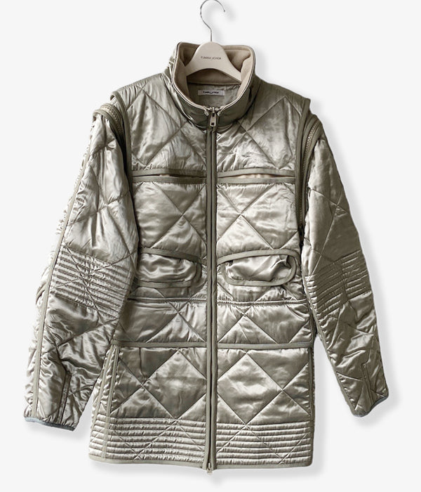 FUMIKA_UCHIDA/QUILTED SATIN BOMBER MINI DRESS REMOVABLE SLEEVES(SILVER