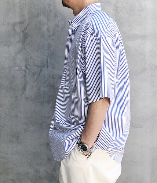 LQQK Studio/S/S BUTTON DOWN SHIRT (WHITE x BLUE STRIPE)