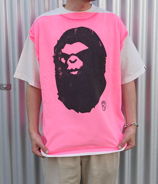SAINT MICHAEL/BAPE_SS TEE/HANDPRINT/WHT+PNK
