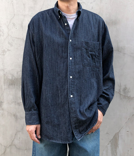 INTERIM/7oz SILK DENIM 90'S FIT  BUTTON DOWN SHIRT (NAVY)