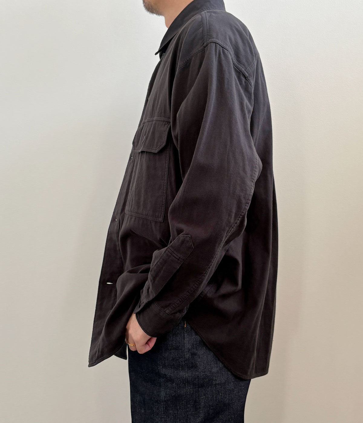 MHL./GARMENT DYE PLATED ORGANIC COTTON SHIRT (BLACK)