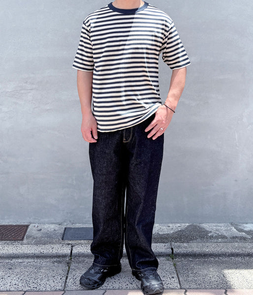 MHL./COTTON LINEN STRIPE JERSEY TOP SS (MID BLUE)