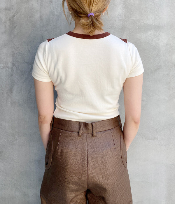 FUMIKA_UCHIDA/TRIMMED DOUBLE-NECK TEE(OFFWHITE/BROWN)