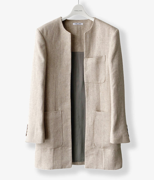 FUMIKA_UCHIDA/HEMP SUITING COLLARLESS JACKET(BEIGE HERRINNGBONE)