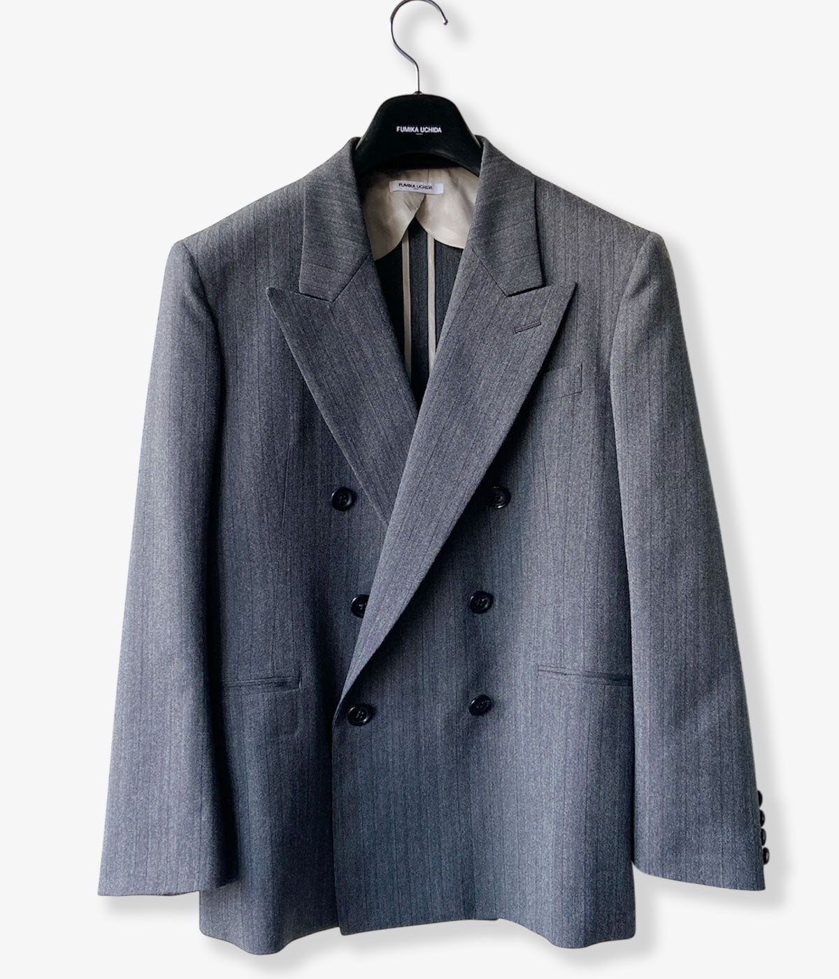 FUMIKA_UCHIDA/HERRINGBONE PEAKED LAPEL DOUBLE JACKET(GREY)