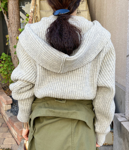 FUMIKA_UCHIDA/SHETLAND RIB STITCH HOODED PULLOVER(TOP GREY)