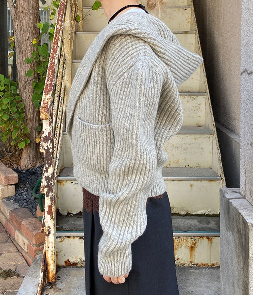 FUMIKA_UCHIDA/SHETLAND RIB STITCH HOODED CARDIGAN(TOP GREY)