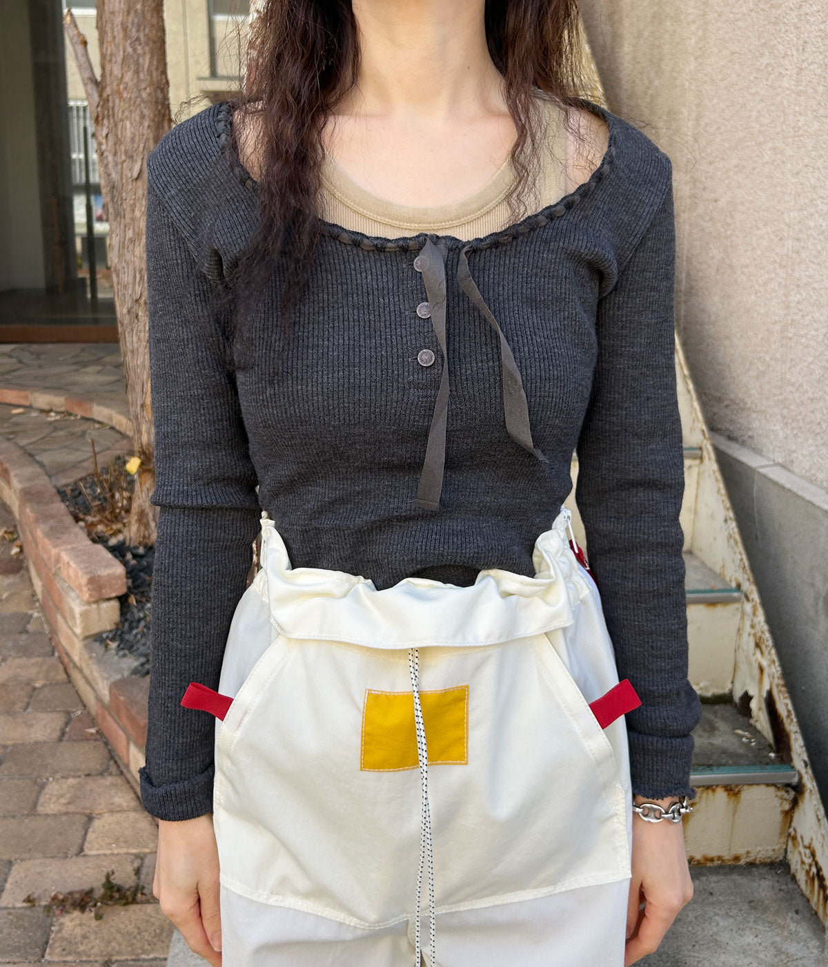 FUMIKA_UCHIDA/RIB STITCH HENLEY-NECK UNDERWEAR(TOP CHARCOAL)