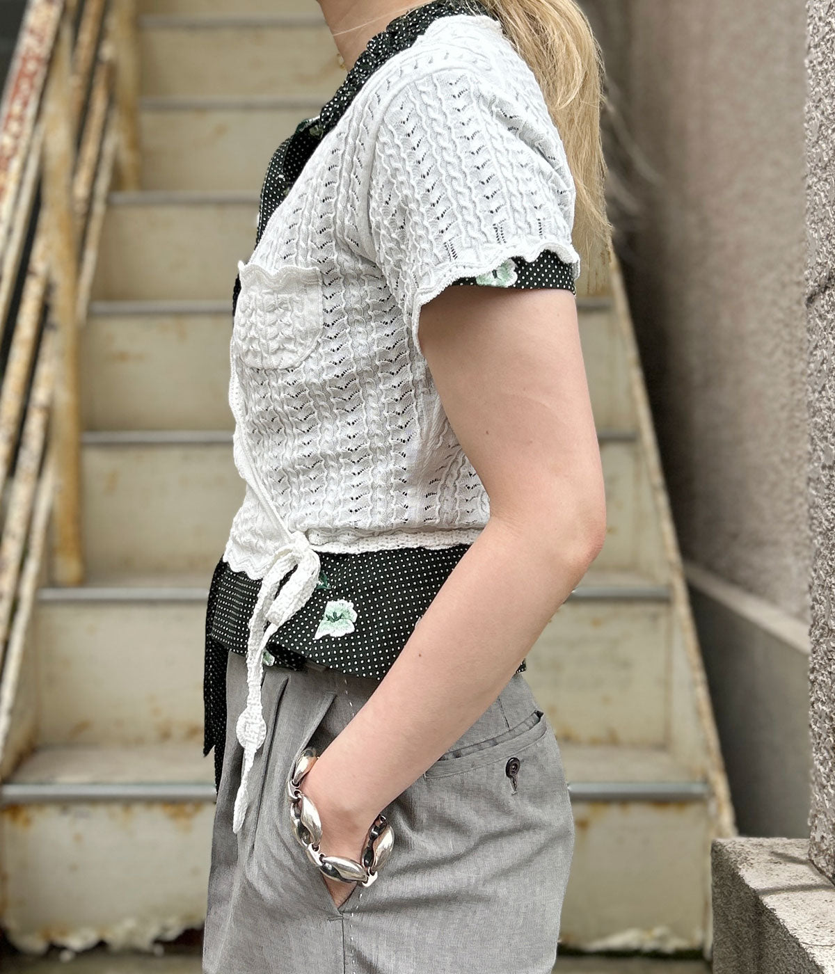 FUMIKA_UCHIDA/LACE KNIT CACHE-COEUR TOP(OFFWHITE)