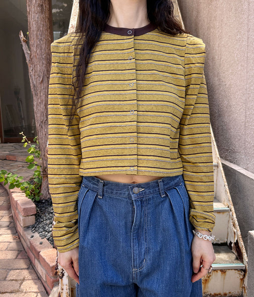 PHEENY/MULTI-BORDER TUCKED SHOULDER CARDIGAN(YELLOW)