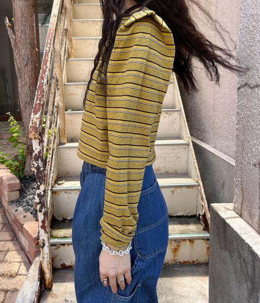 PHEENY/MULTI-BORDER TUCKED SHOULDER CARDIGAN(YELLOW)
