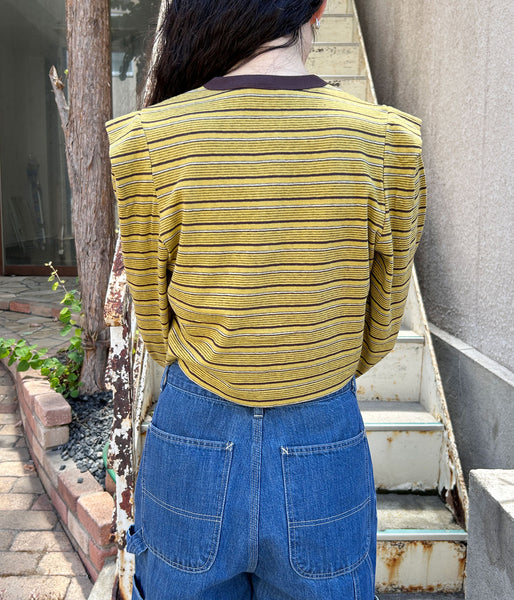 PHEENY/MULTI-BORDER TUCKED SHOULDER CARDIGAN(YELLOW)