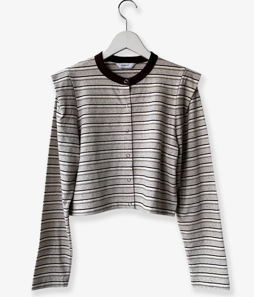 PHEENY/MULTI-BORDER TUCKED SHOULDER CARDIGAN(IVORY)